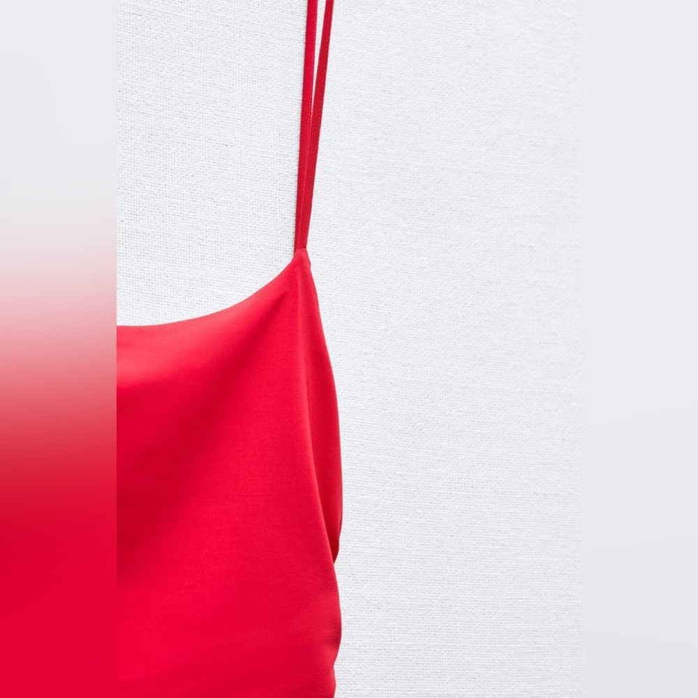 NWT. Zara Intense Red Draped Lingerie-Style Midi Dress. Size S. - Picture 8 of 14